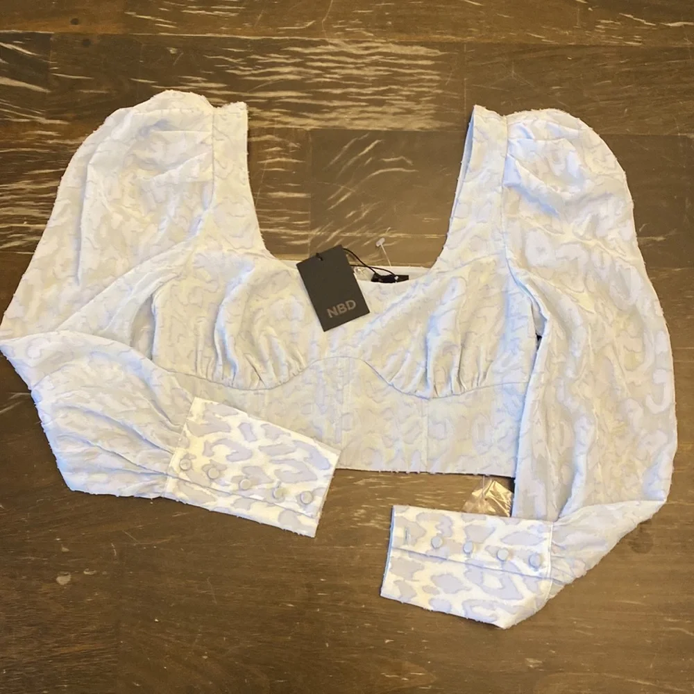 NWT NBD x Revolve Bex Baby Blue Chiffon Crop long sleeve top blouse women size S